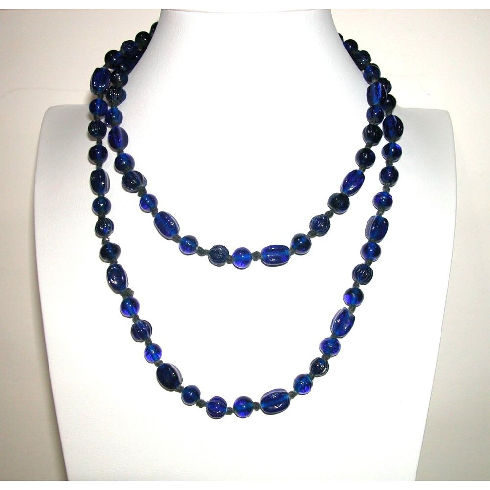 Vintage Cobalt Blue Glass Beaded Necklace Single Strand 29"  Handmade